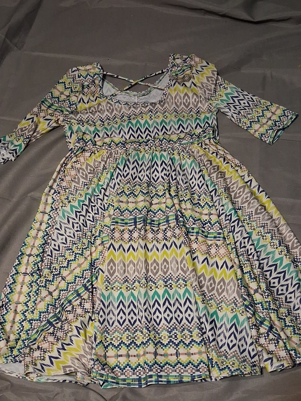Girls Aztec-Pattern Long Sleeve Dress in Yellow & Teal